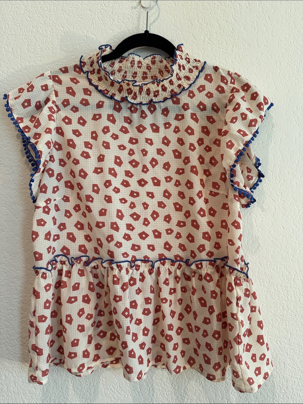 THML Cream Blouse with Red Geometric Print and Blue Trim